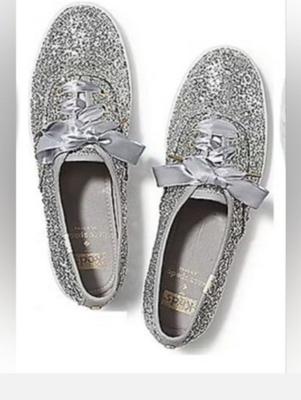 NWT Keds Kate Spade Women's Silver Glitter Ribbon Lace Flats